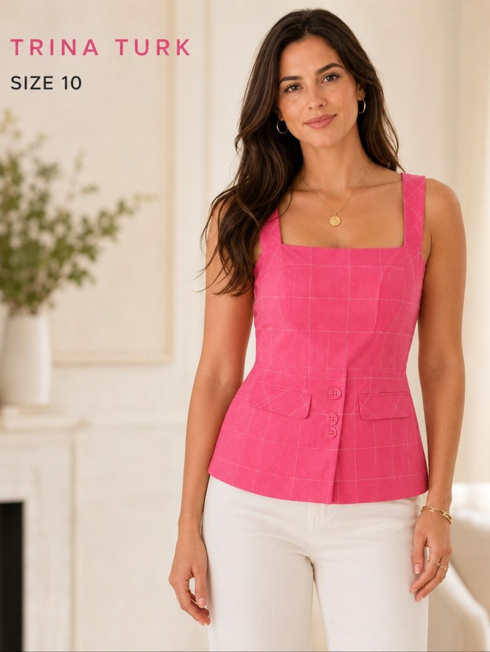 Trina Turk Jeni Top Pink Windowpane Plaid Sleeveless Top Size 10 NWT